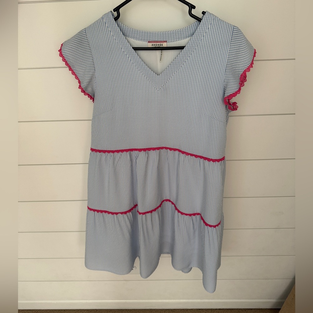 Blue & White Striped Dress With Pink Trim